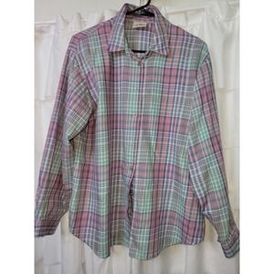 Koret City Blues Plaid Button Down Shirt Pink Green Blue Vintage Top Size L 1317